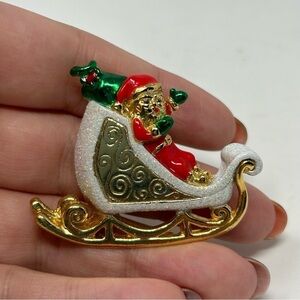 Vintage Red and Green Enamel Santa on Gold Tone Sleigh Brooch Christmas Holiday